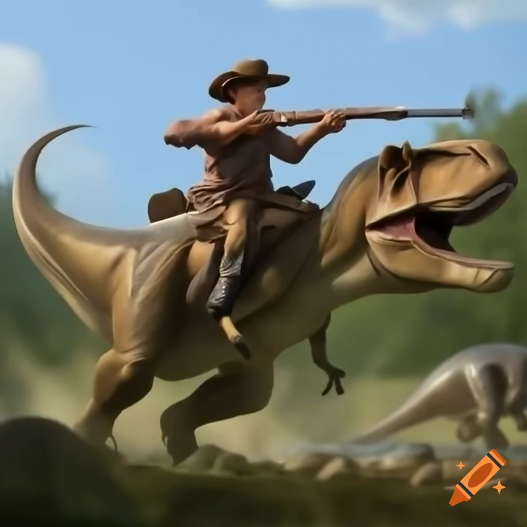 Cowboy in action with dinosaur in a hunting scenario