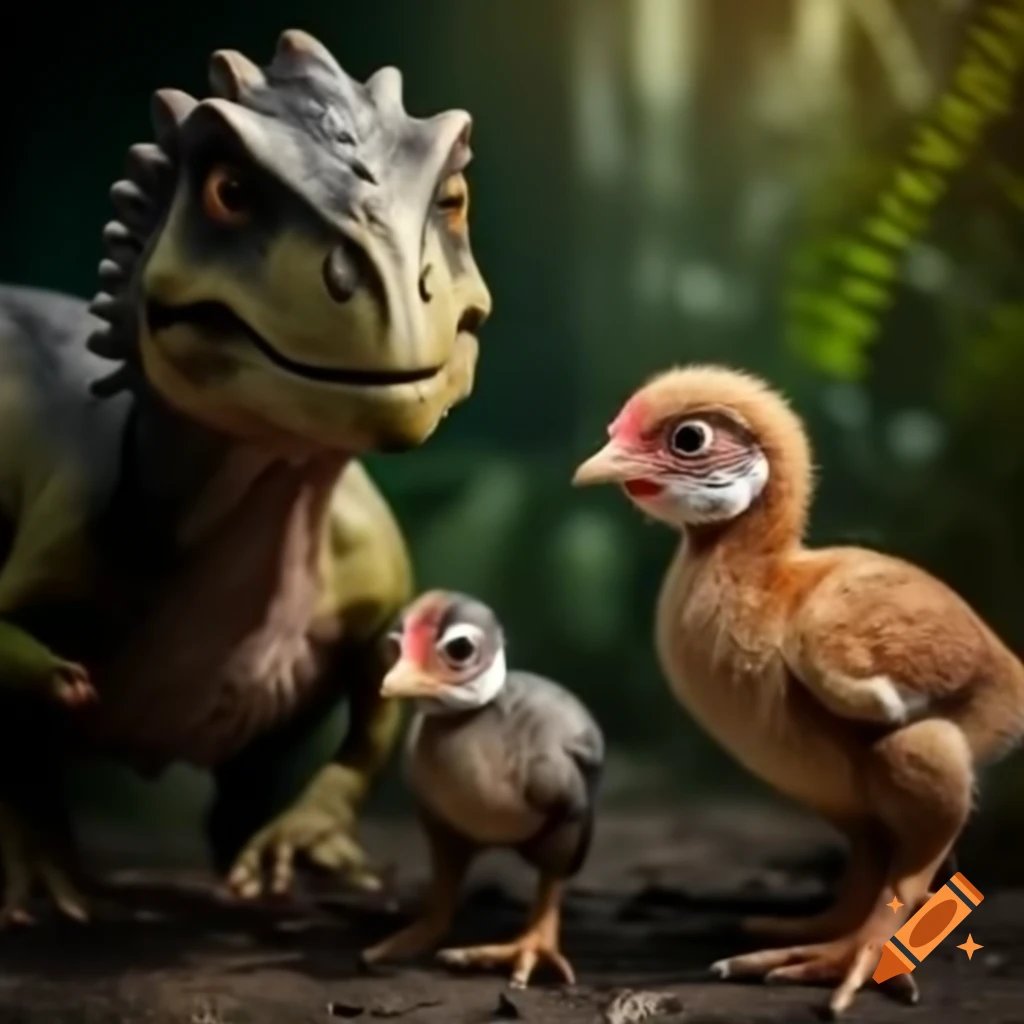 Realistic depiction of a dinosaur carrying a baby dinosaur and a chicken