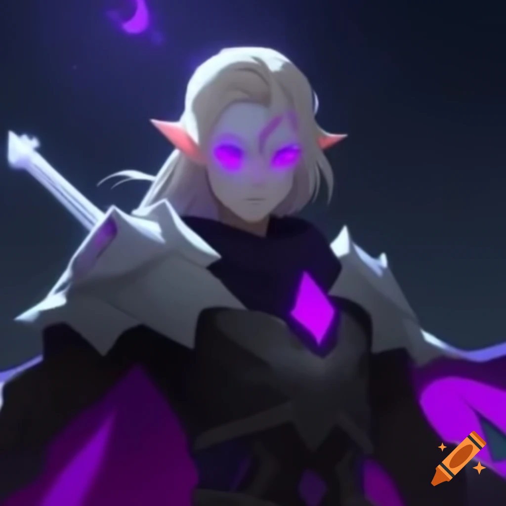 Aetherborn character with glowing eyes and marble mask holding sword, illuminated by moonlight