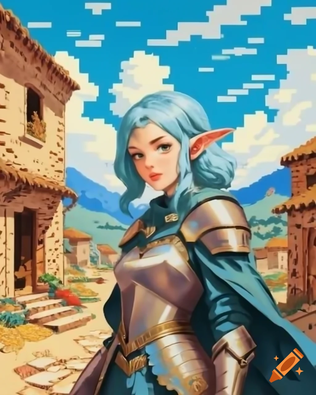 Retro pixel art portrait of blue-haired demi-elf in nomad village, Fire Emblem style