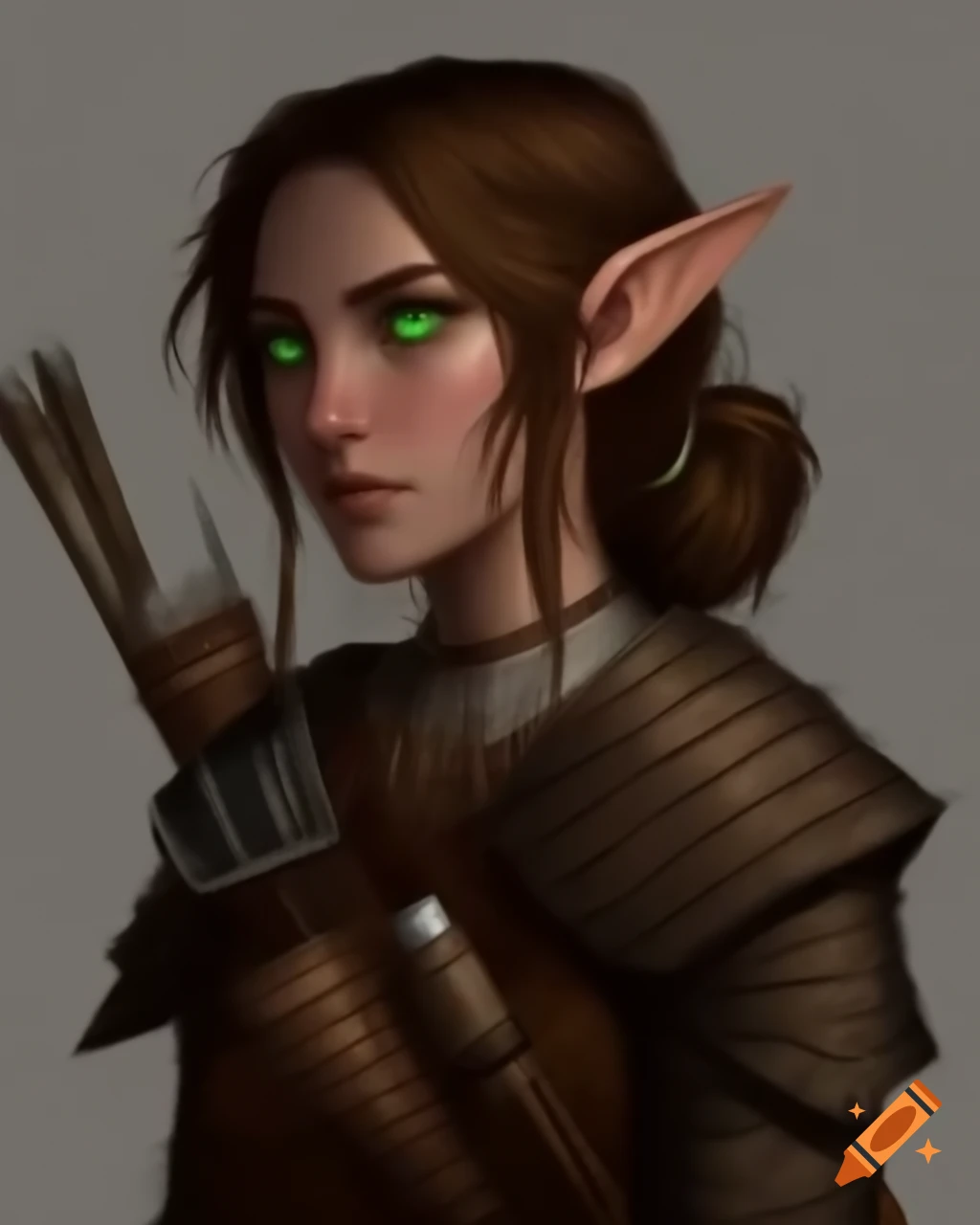 Half-elven female archer with brown hair and green eyes in leather armor