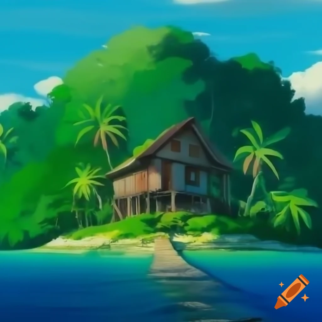 Abandoned wooden cabin on tropical island, Studio Ghibli style