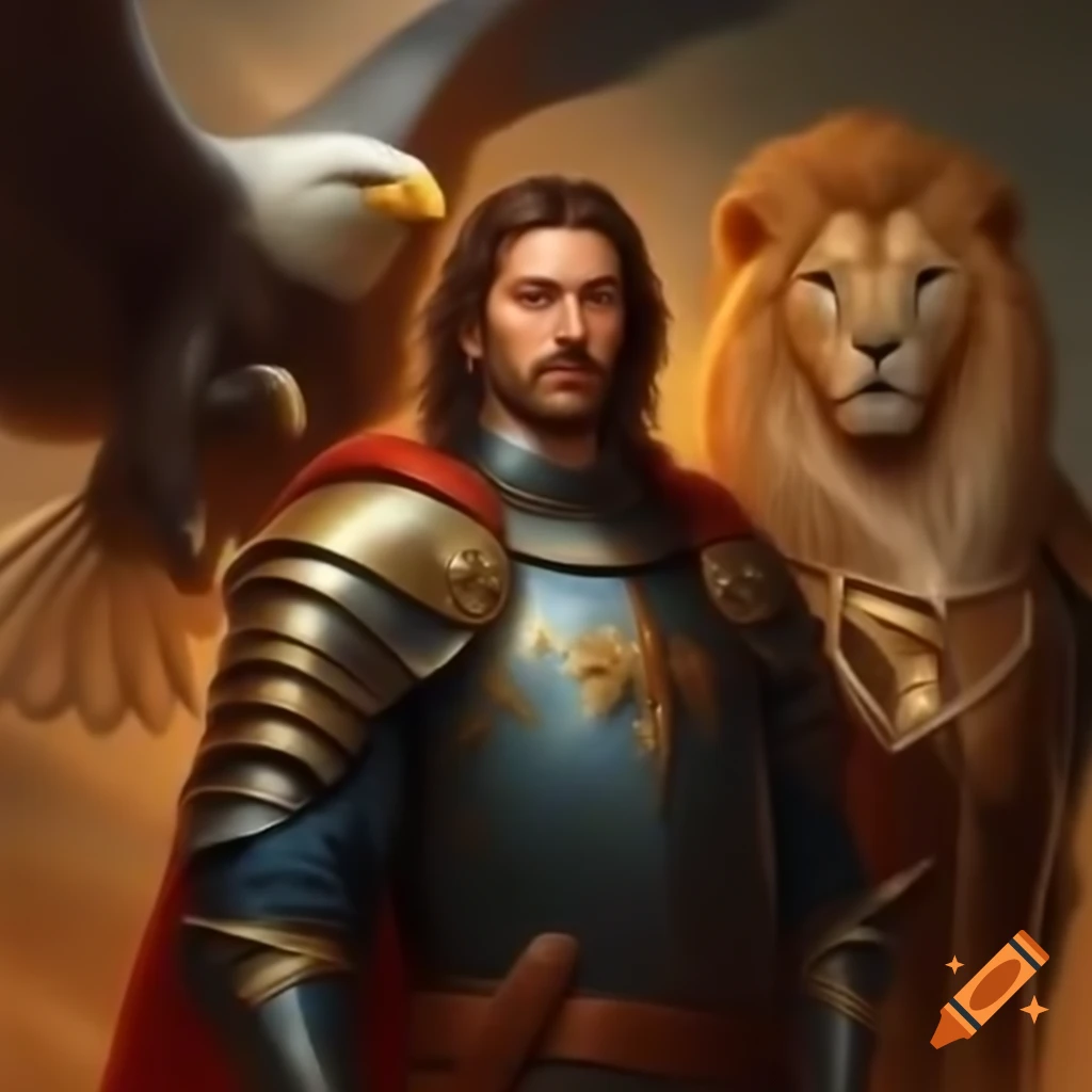 Noble knight representing law and justice with lion and eagle