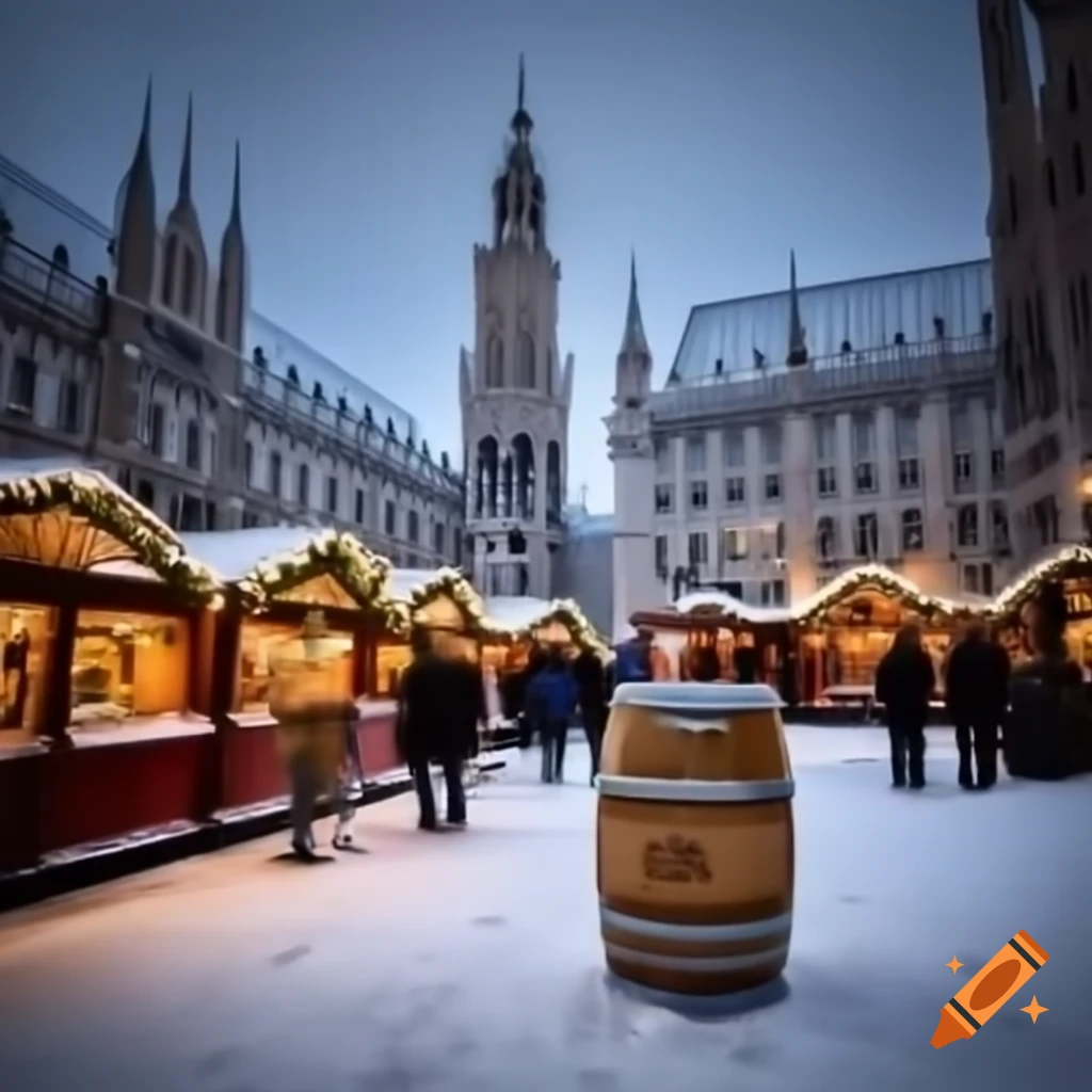 Christmas market in Marienplatz, Munich with snow and beer keg featuring town picture