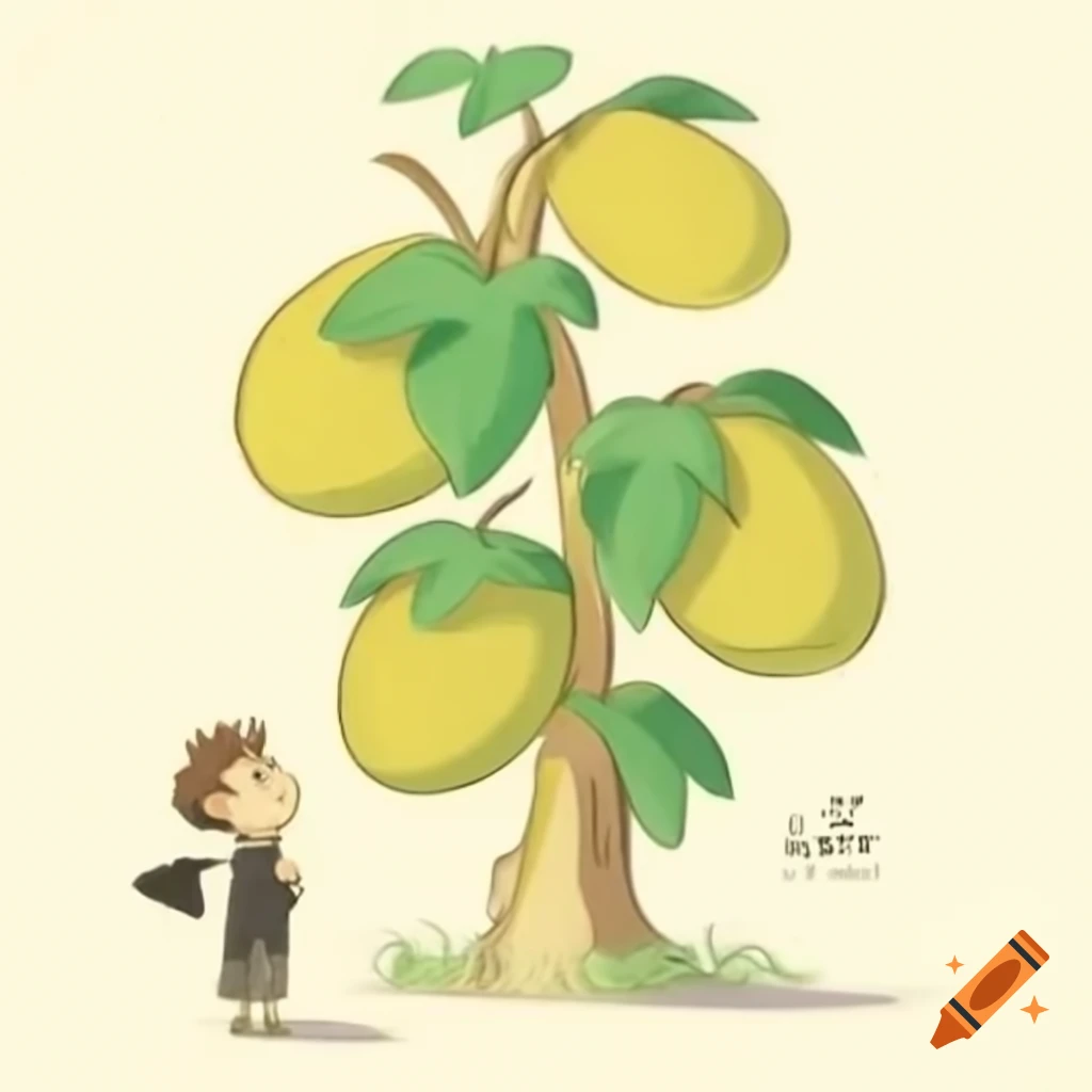 Hand-drawn illustration of jackfruit plant with boy admiring fruit
