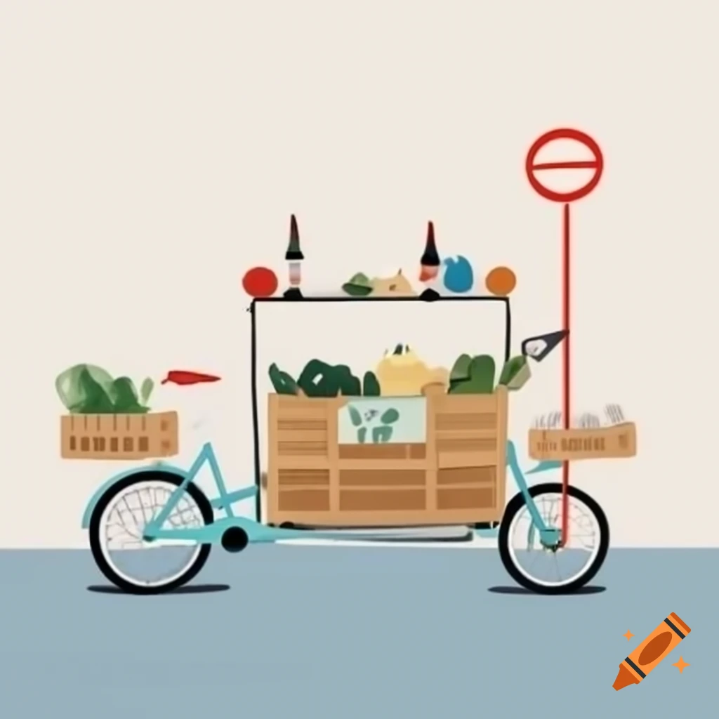 Minimalist illustration of a cargo bike filled with fresh produce and dairy products in soft pastel colors
