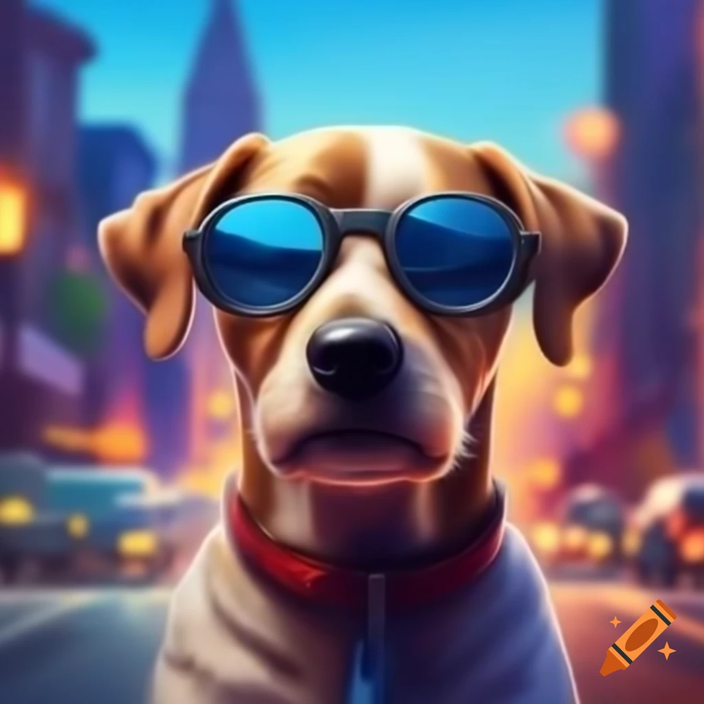 Cartoon dog wearing sunglasses and smoking with city background