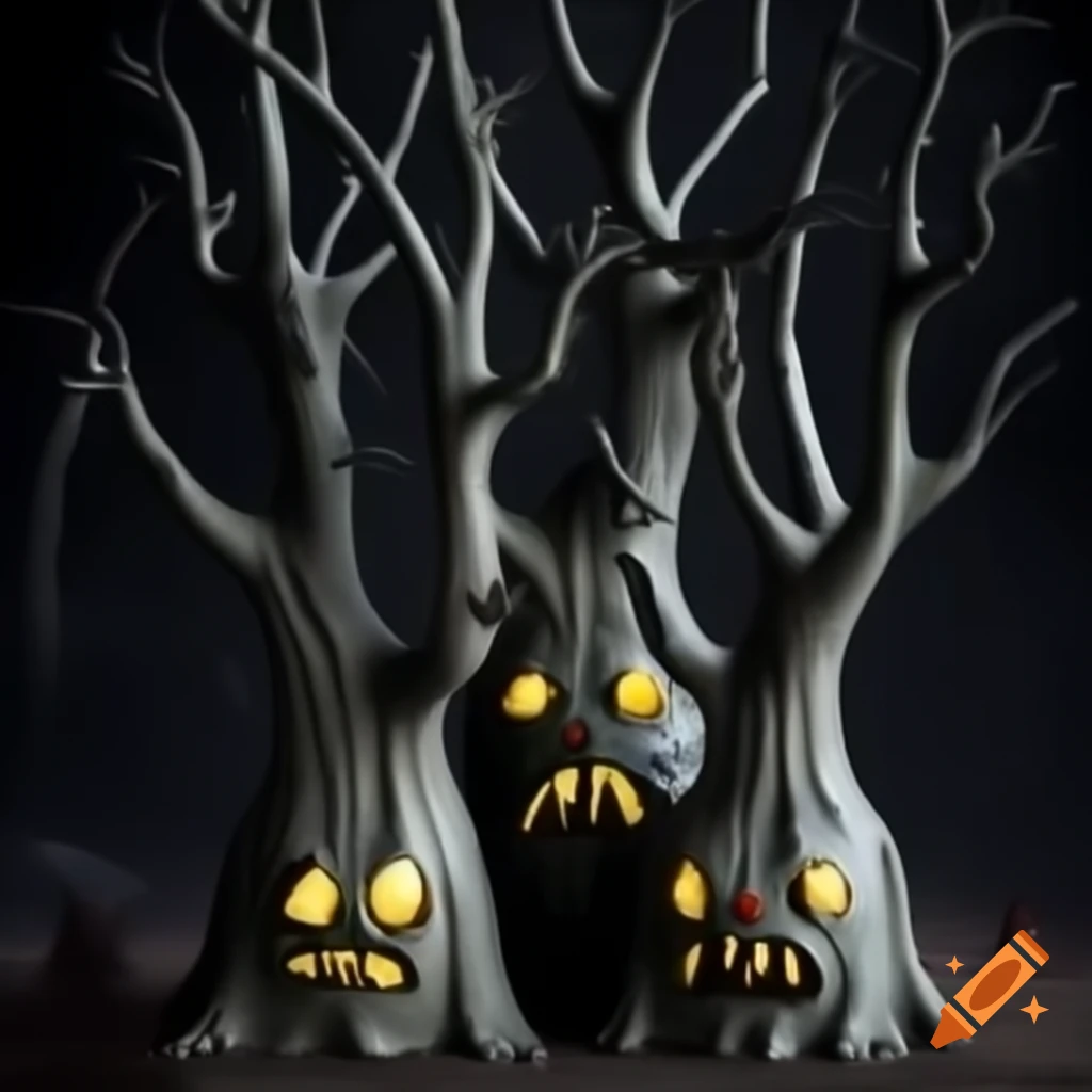 Ceramic spooky trees featuring faces