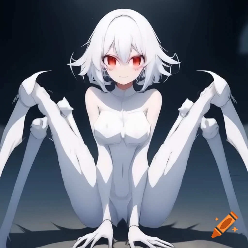White-haired arachne monster girl with red eyes and spider legs, anime style