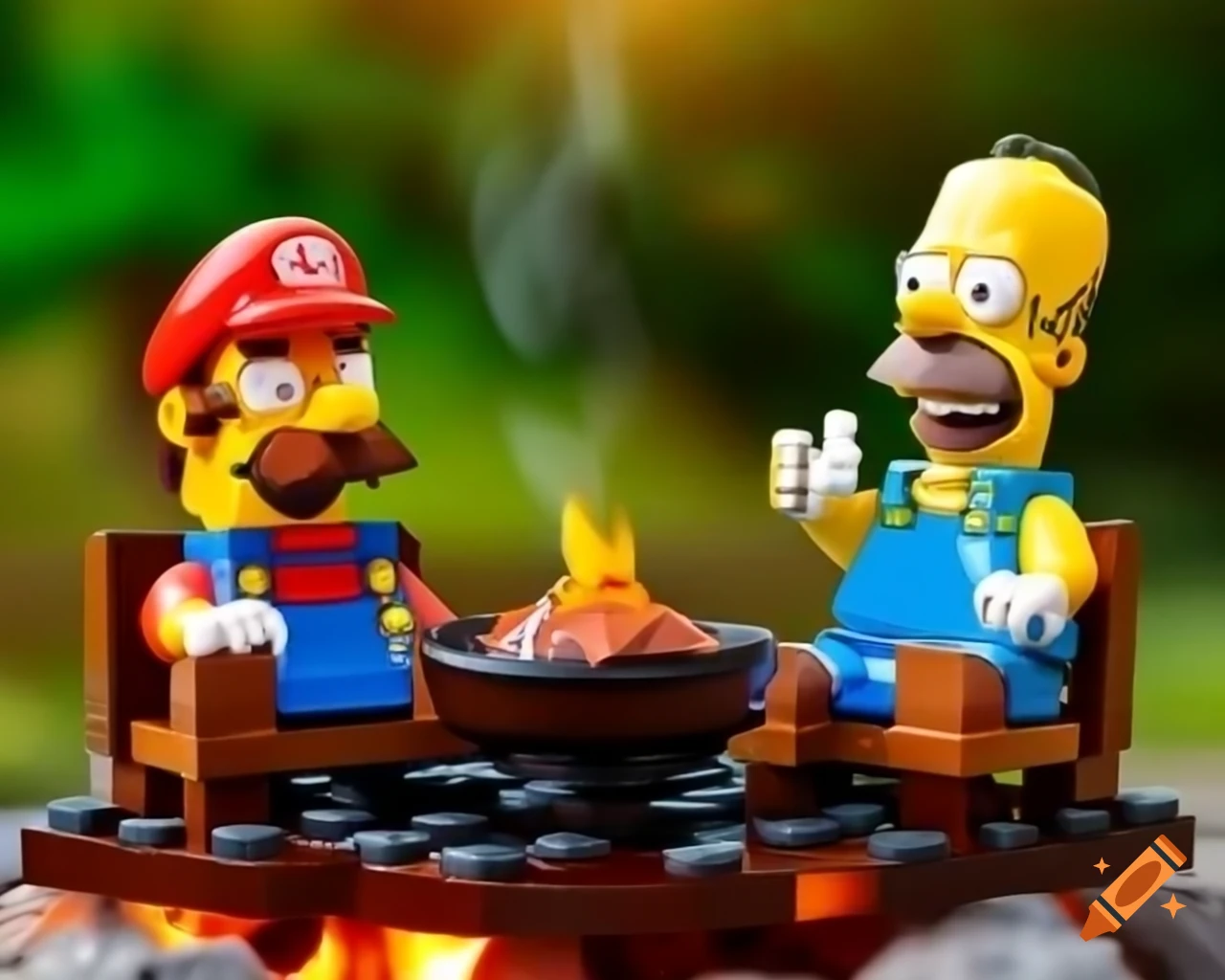 LEGO figurine of Homer Simpson and Mario Bros having a barbecue