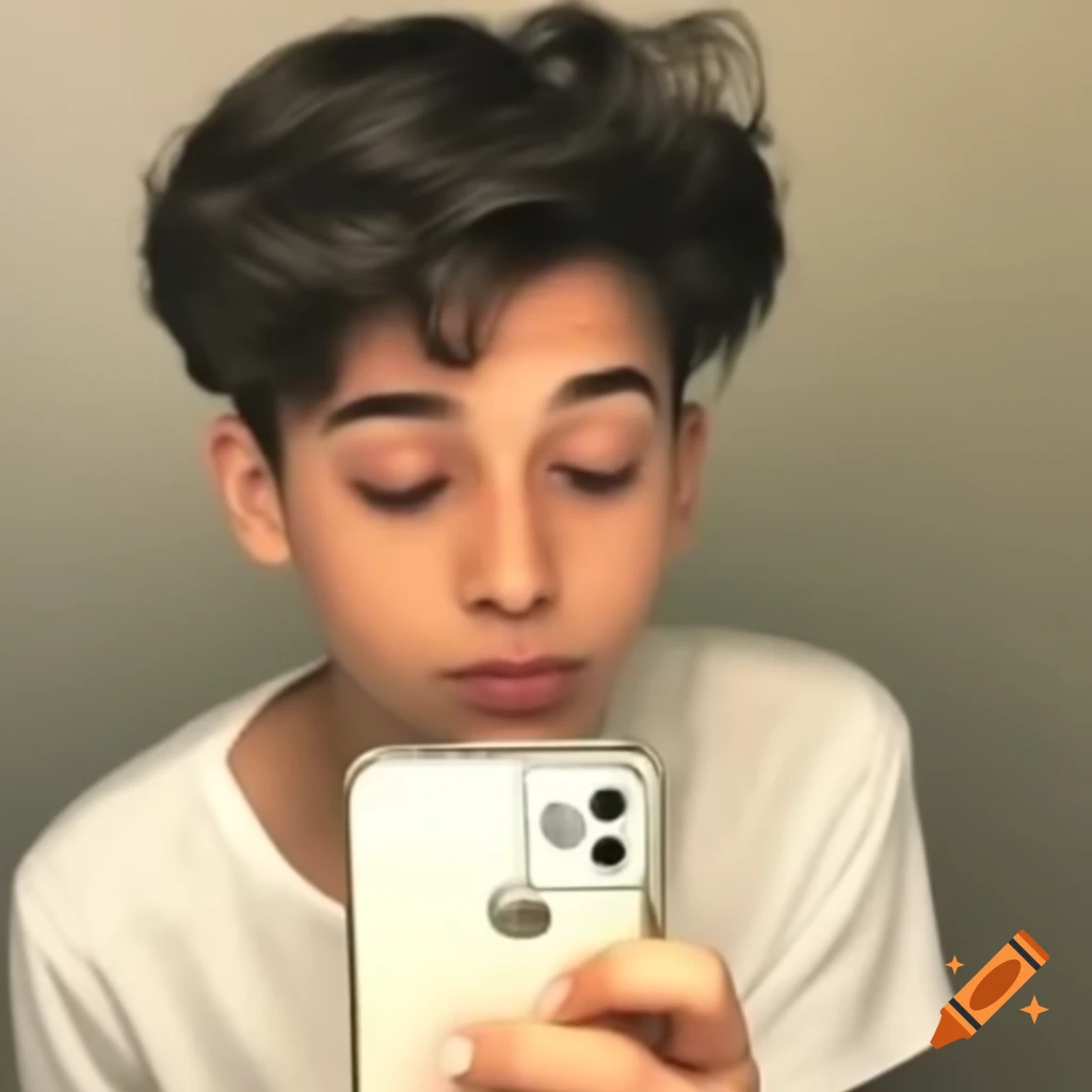 Boy in white shirt taking mirror selfie on craiyon