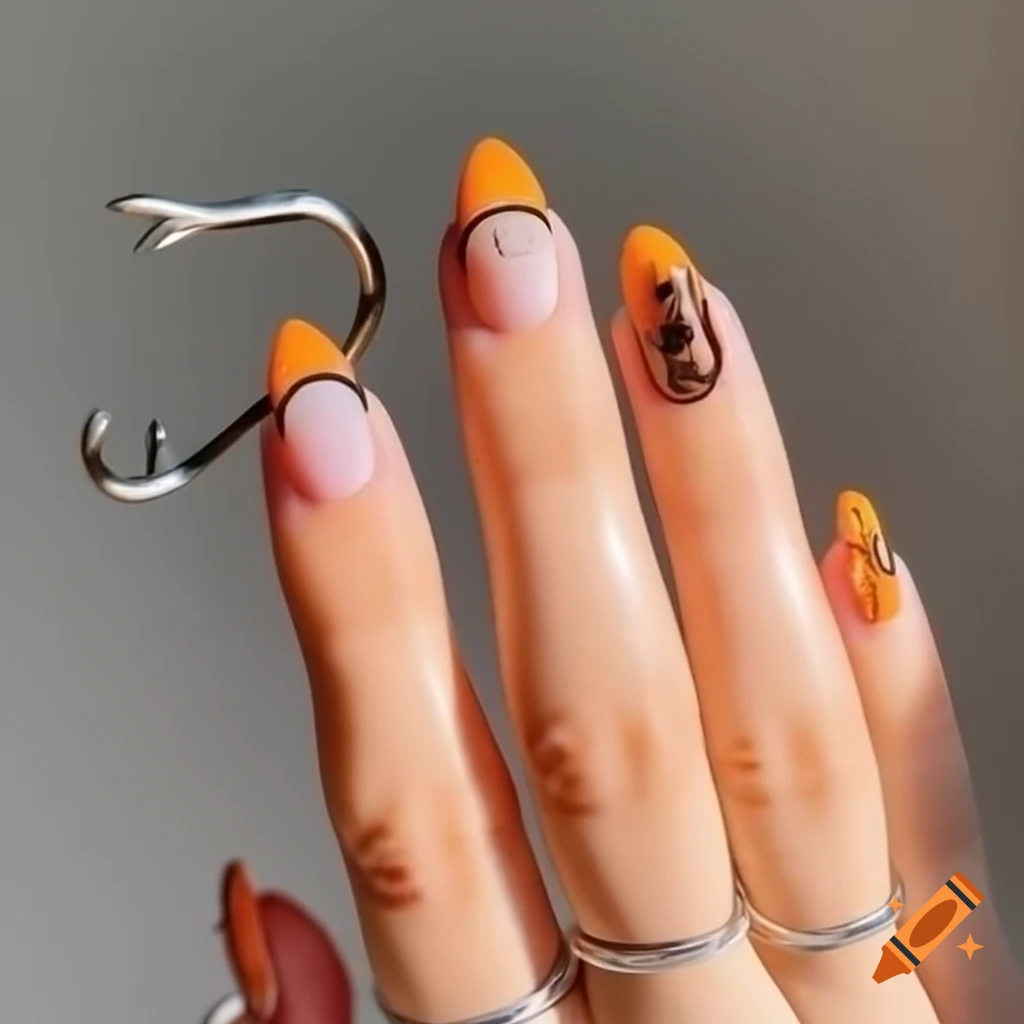 Autumn-themed nail art featuring fish hook pattern