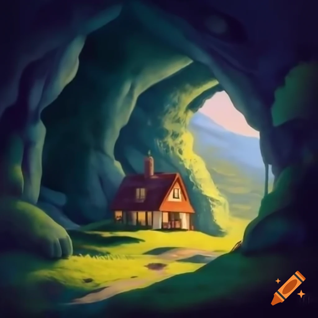 Hyper-detailed pop art of claustrophobic cottage in cave with olive palette