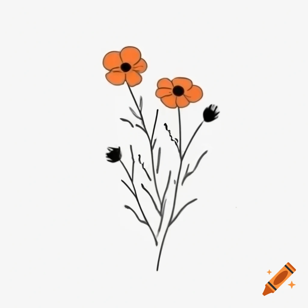 Minimalist black line drawing of cosmos flowers and branches in orange and green