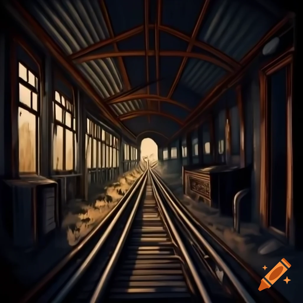 Old shaded drawing of an ancient train station in a grand open building