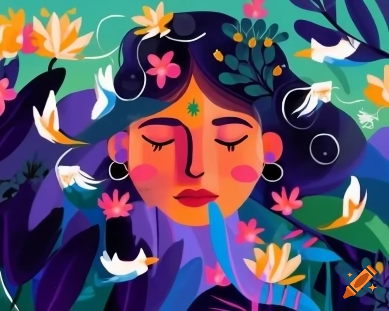 Dreamy woman in jungle landscape with abstract brush strokes and flowers