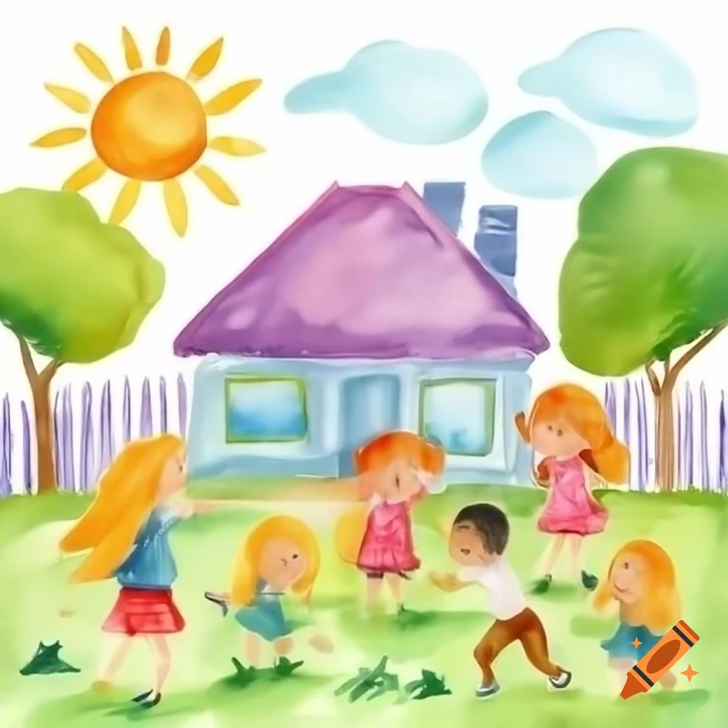 Kids playing outside a house illuminated by sunlight