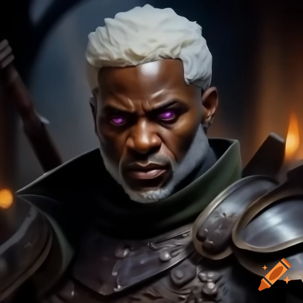Handsome man in medieval armor with violet eyes and curly white hair