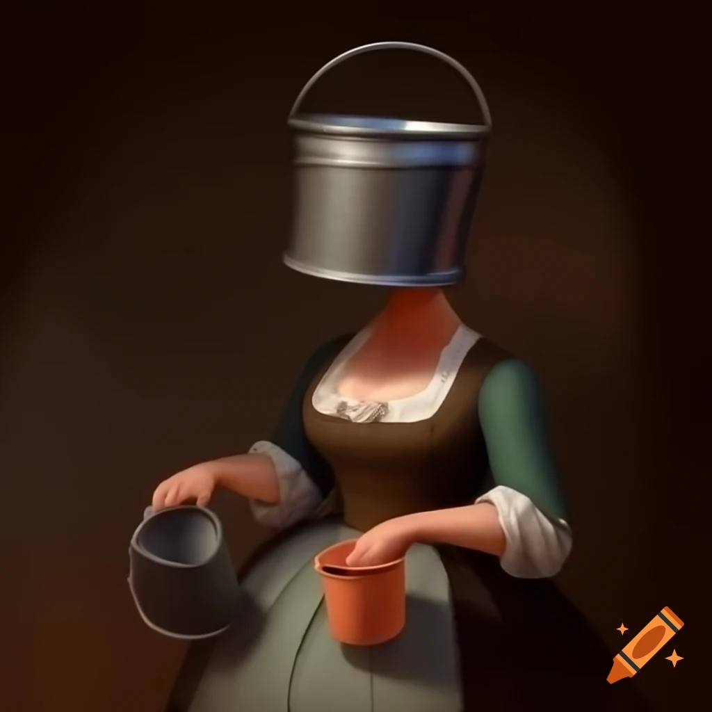 Victorian woman humorously wearing a bucket on her head