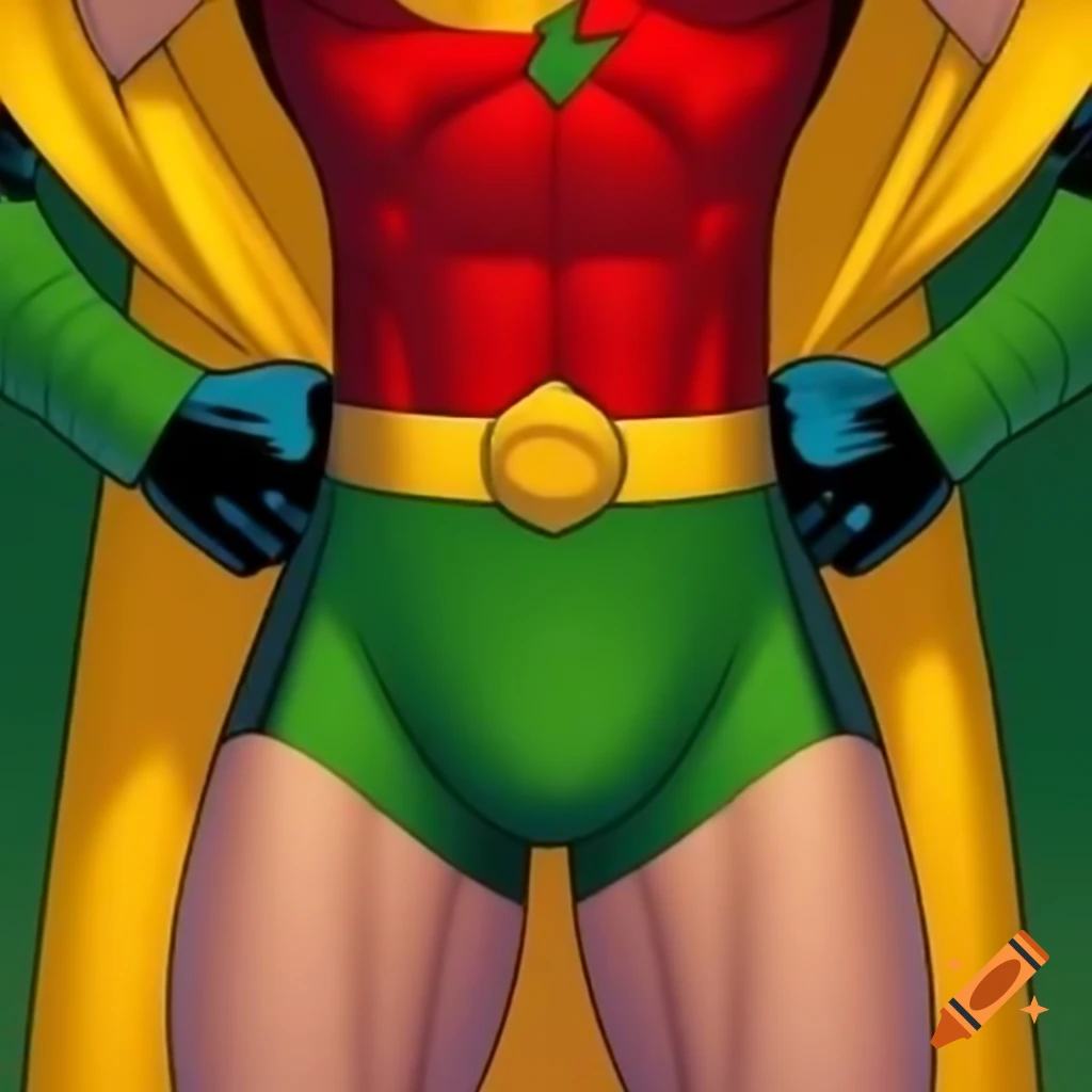 Male superhero in green briefs, red vest, and yellow cape