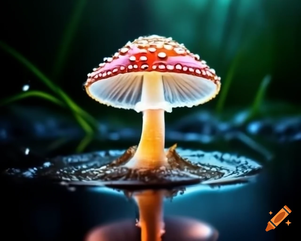 Extreme macro photography of luminous mushroom on water puddle