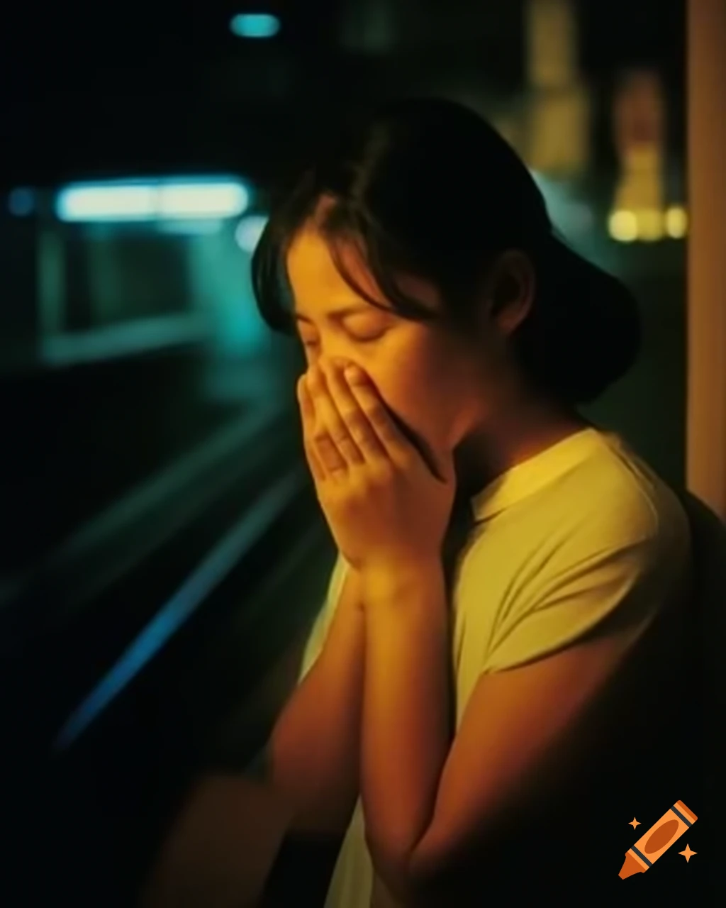 Girl in distress seeking help in Tokyo metro with crowd focused on smartphones