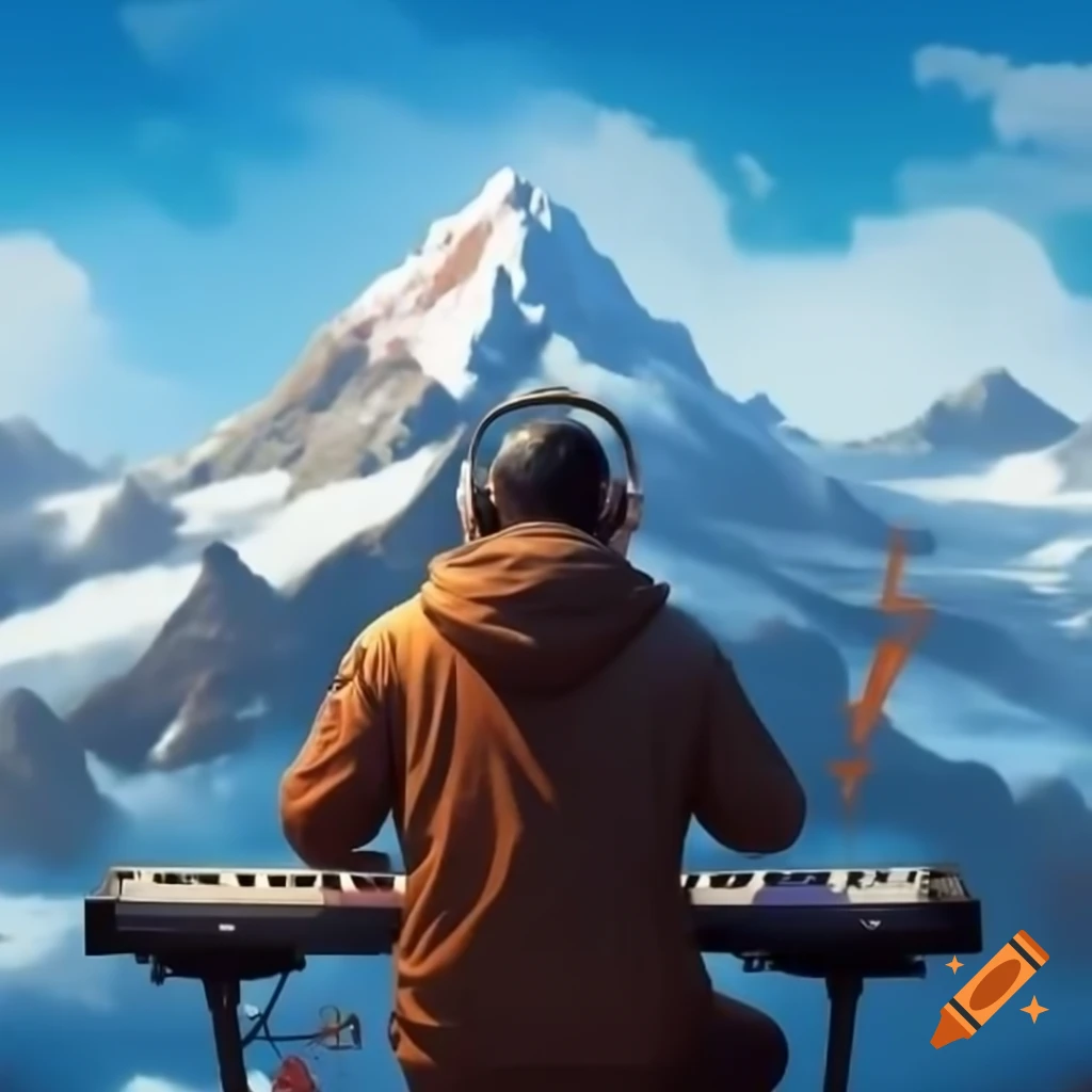 Musician playing keyboard with snow-covered mountain backdrop