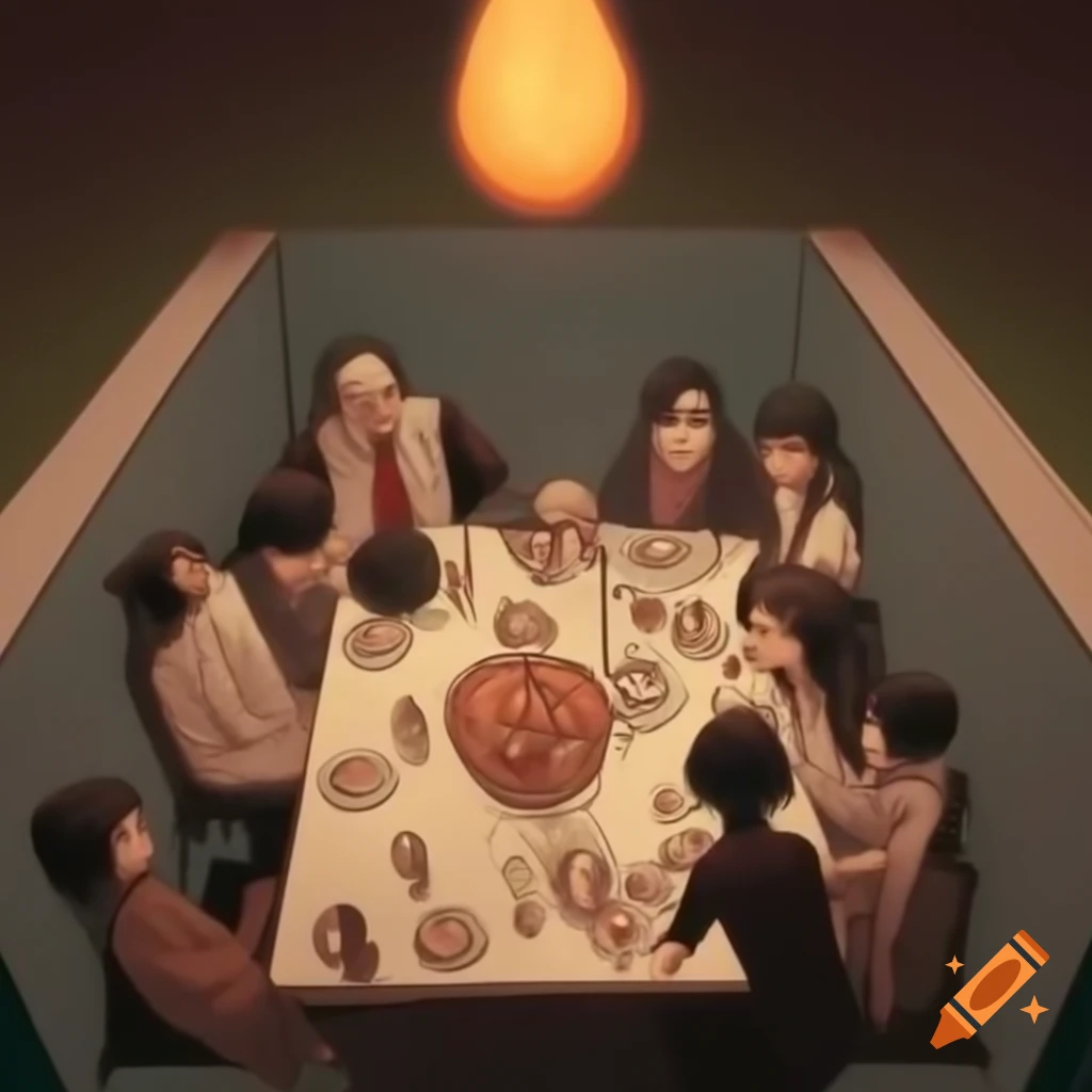 Manga depicting unfriendly man dining in labyrinthine plain, conceptual art
