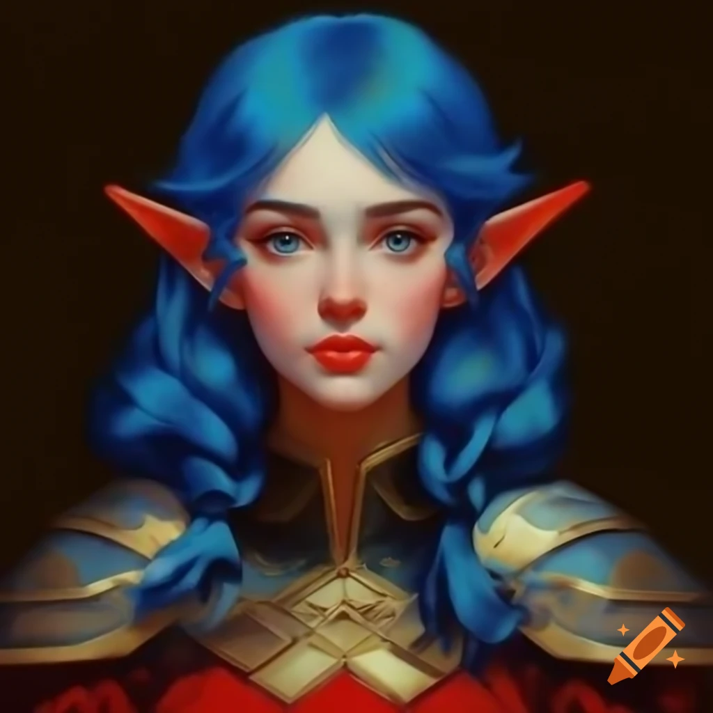 Retro Pixel Art Portrait Of Blue haired Demi elf In Nomad Village 