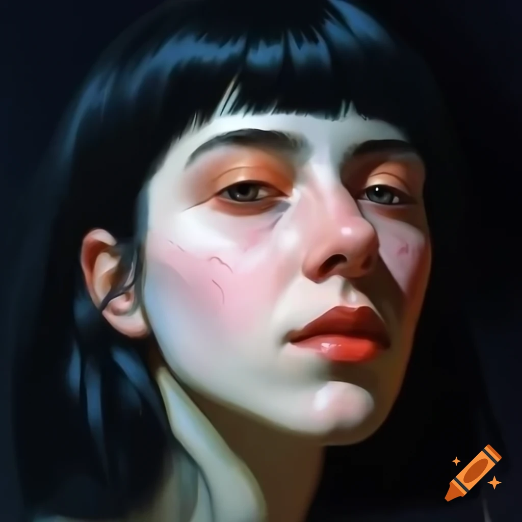Watercolor portrait of an unusual pale female creature with dark hair