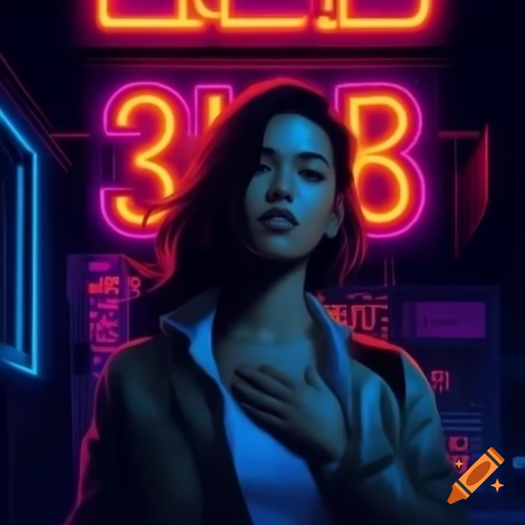 Woman in front of neon sign, vector art inspired by L. A. Ring and GTA V style