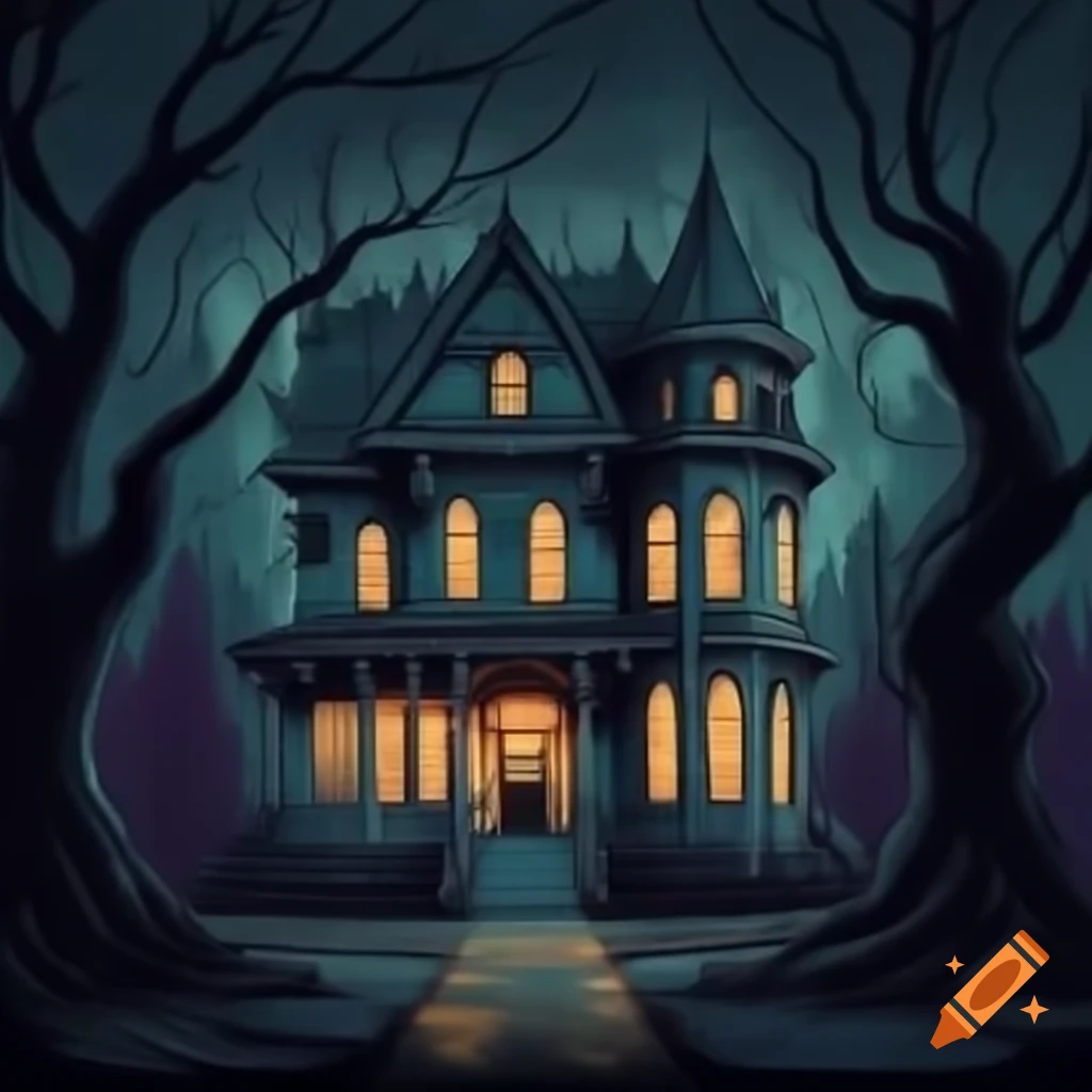 Spooky Victorian mansion in woods with visible windows and porch