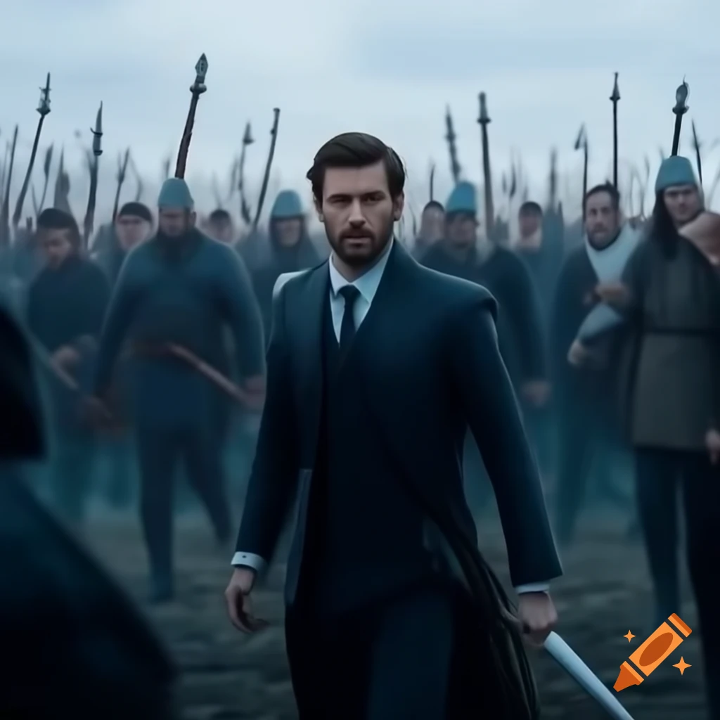 Modern businessmen in business attire charging with swords on medieval battlefield