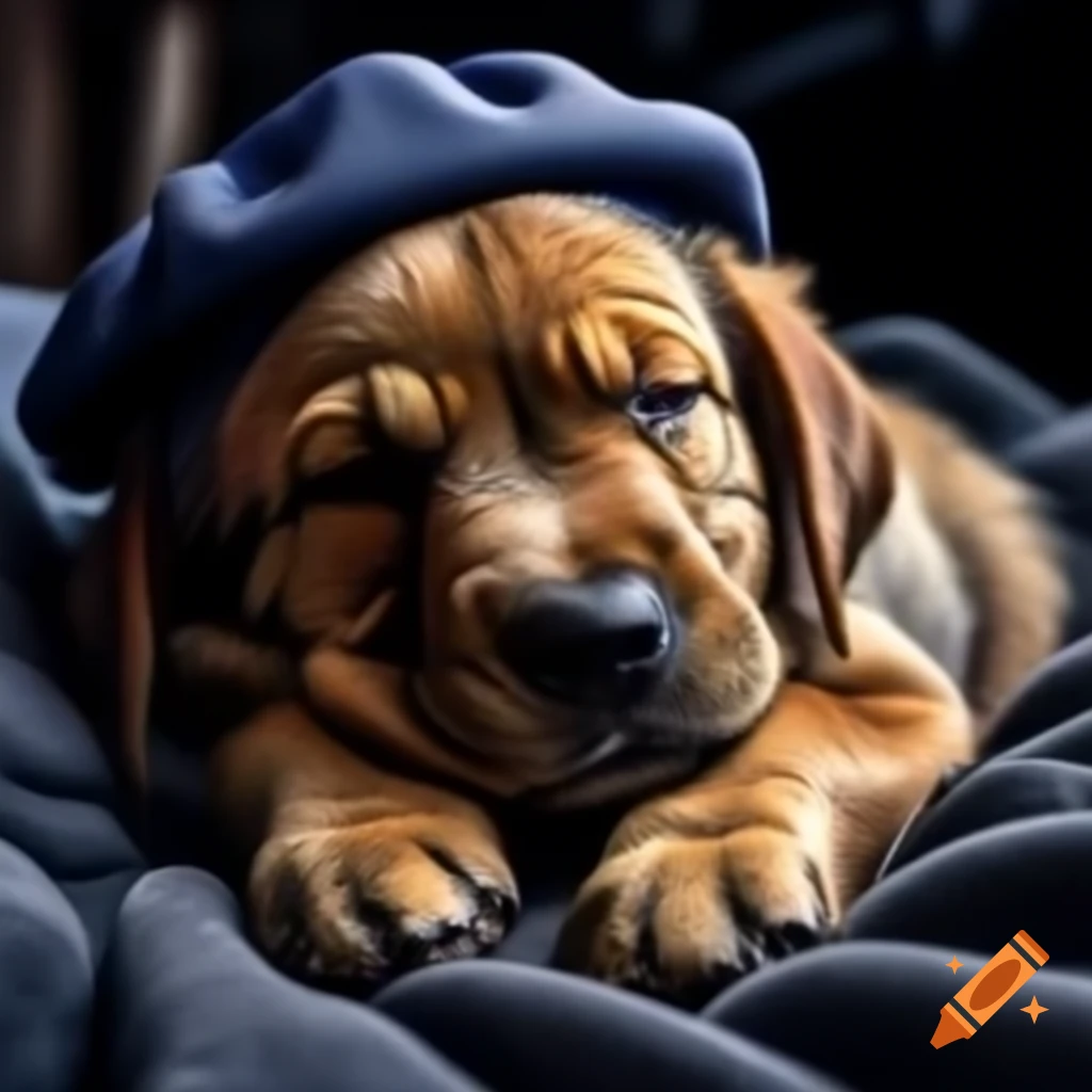 Sleepy puppy wearing night cap, highly realistic and detailed