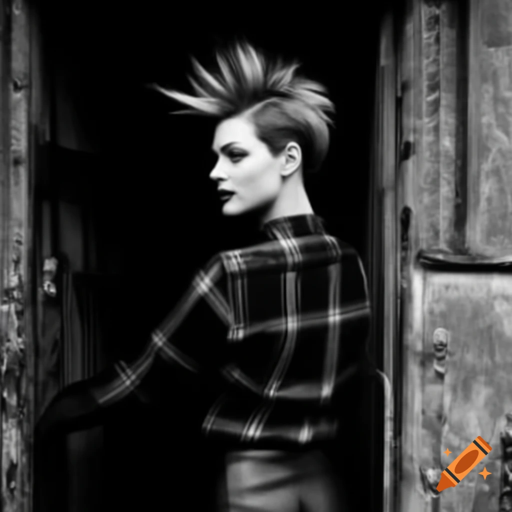 Punk rocker with mohawk hairstyle in plaid shirt and leather trousers peeking through