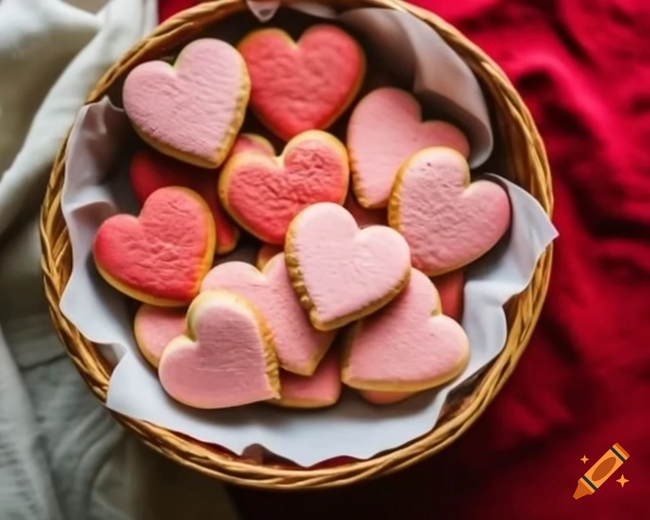 Basket of heart-shaped cookies in aesthetic photography