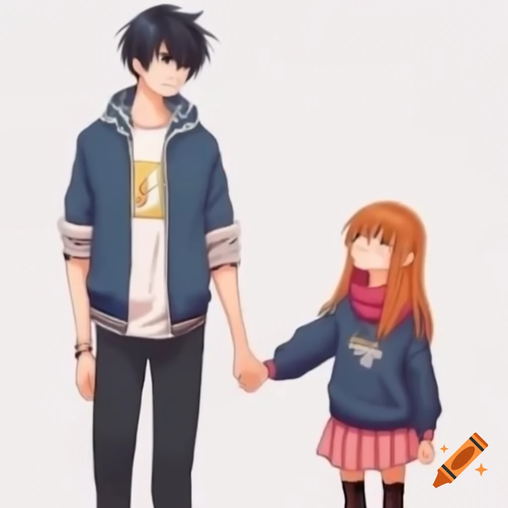 Brother and sister holding hands in anime style
