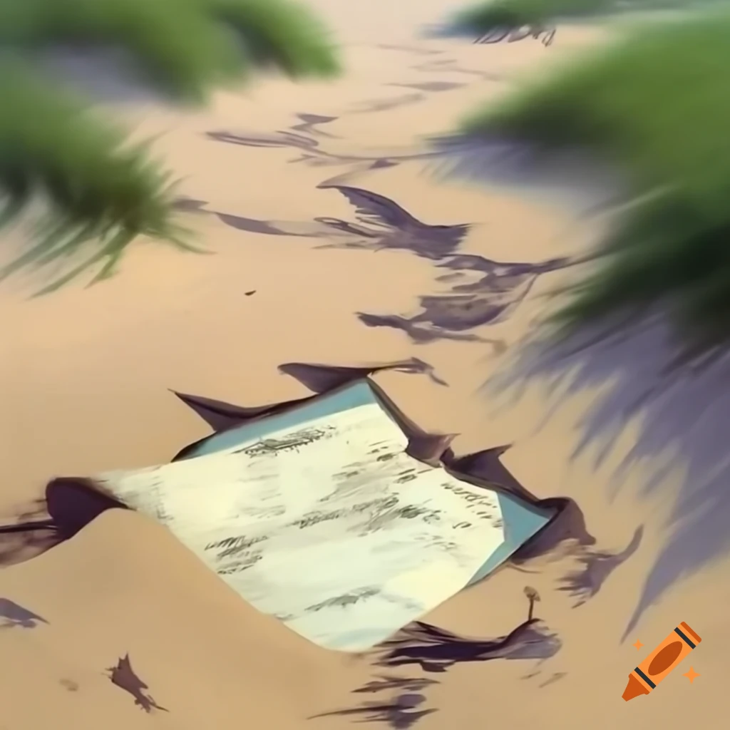 Crumpled map buried in sand on path with vegetation, oil painting