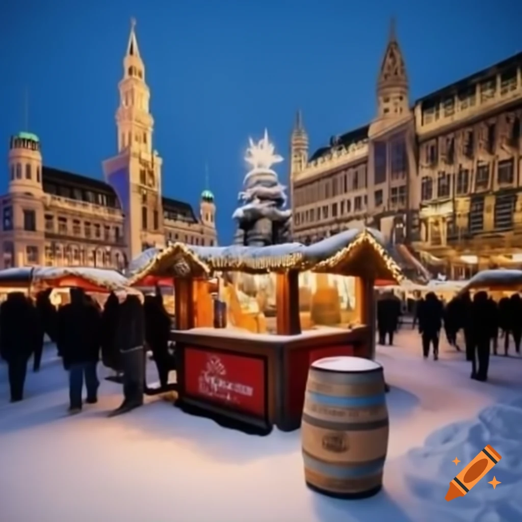 Christmas market in snowy Marienplatz, Munich featuring a beer keg