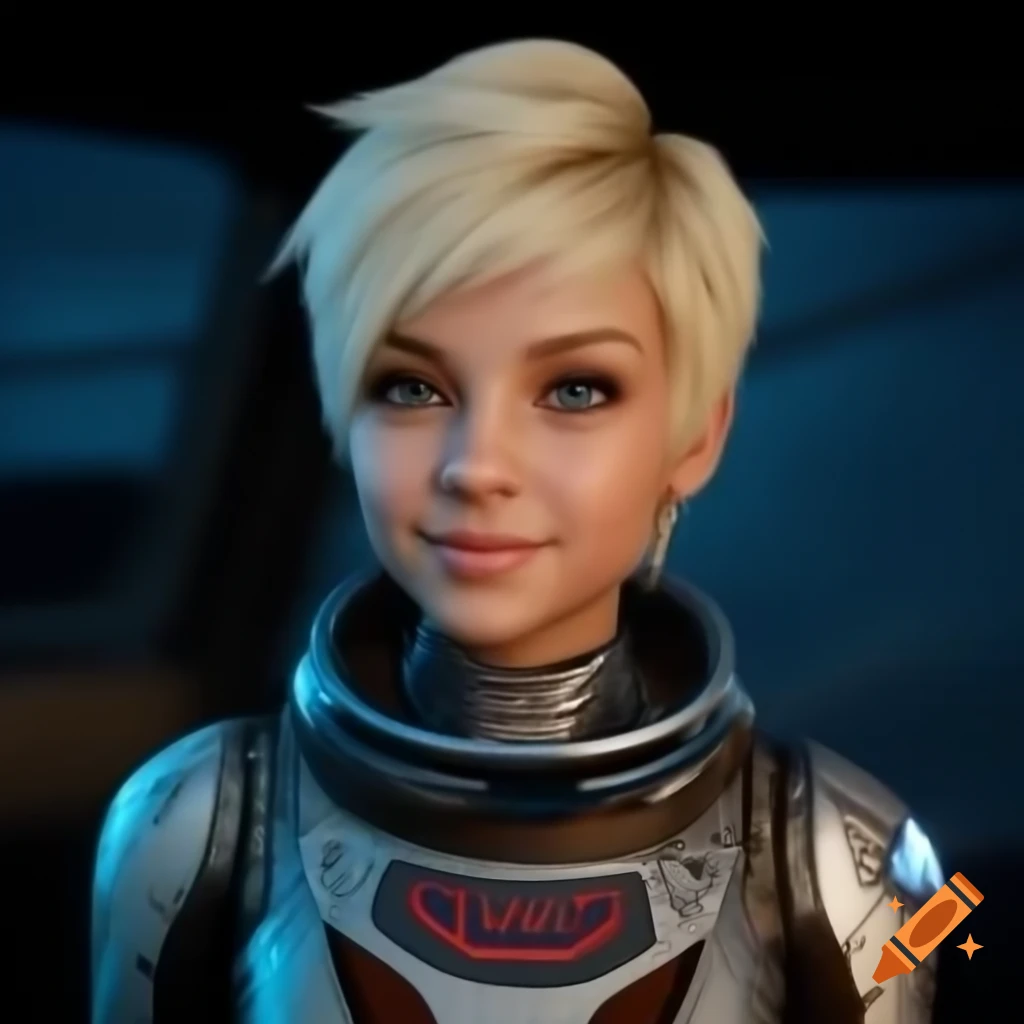 Feminine space schoolgirl with pixie cut and metallic sci-fi outfit, ultra-realistic