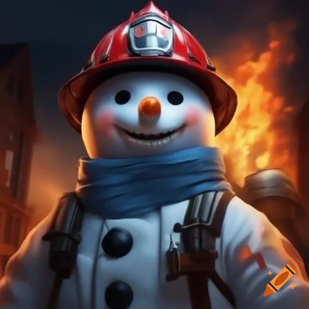 Cartoon snowman in firefighter gear battling flames with dramatic lighting