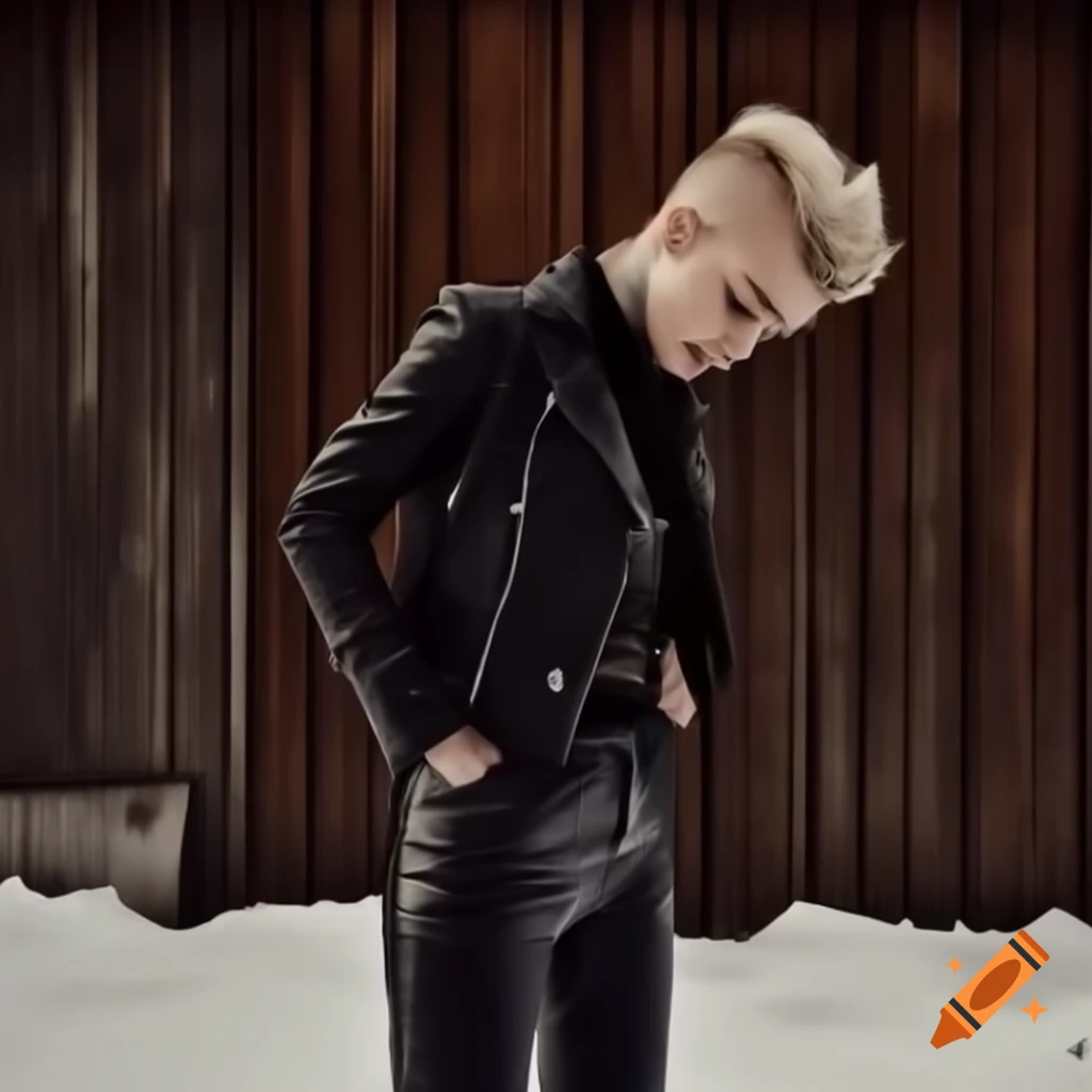 Close-up of punk rocker with mohawk hairstyle in black leather outfit