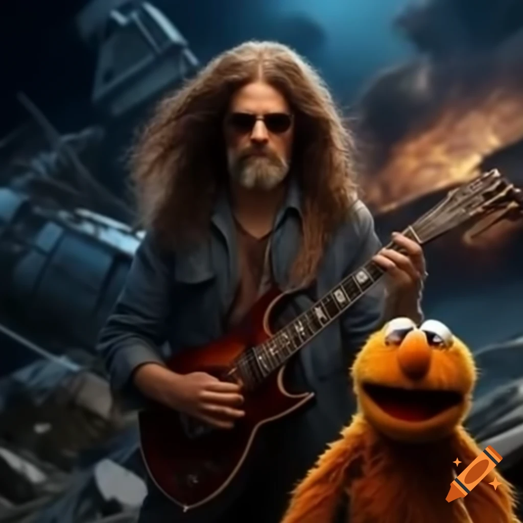 Hair metal rock guitarist with muppet beside crashed spaceship