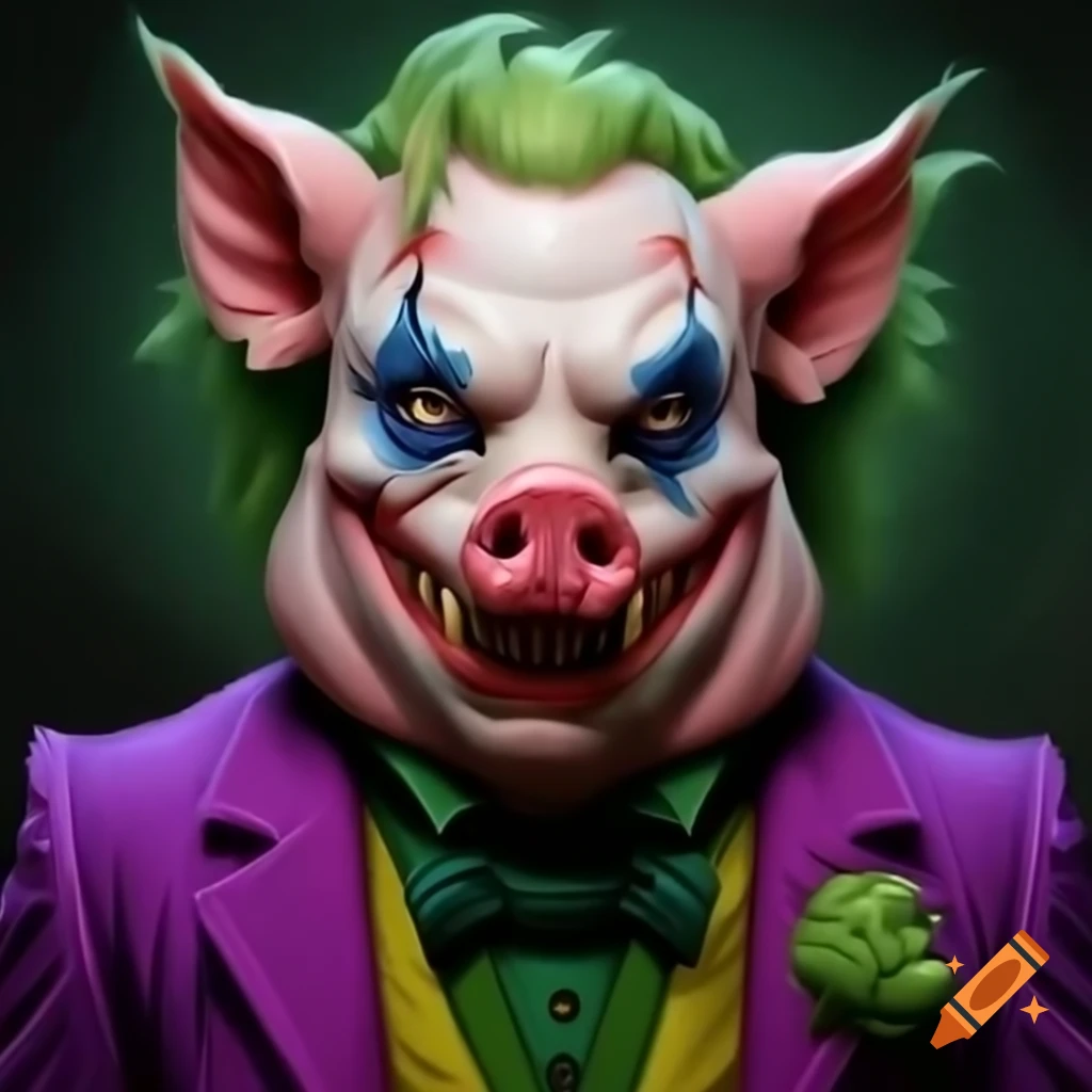 Evil pig character in joker clothes and makeup, detailed painting