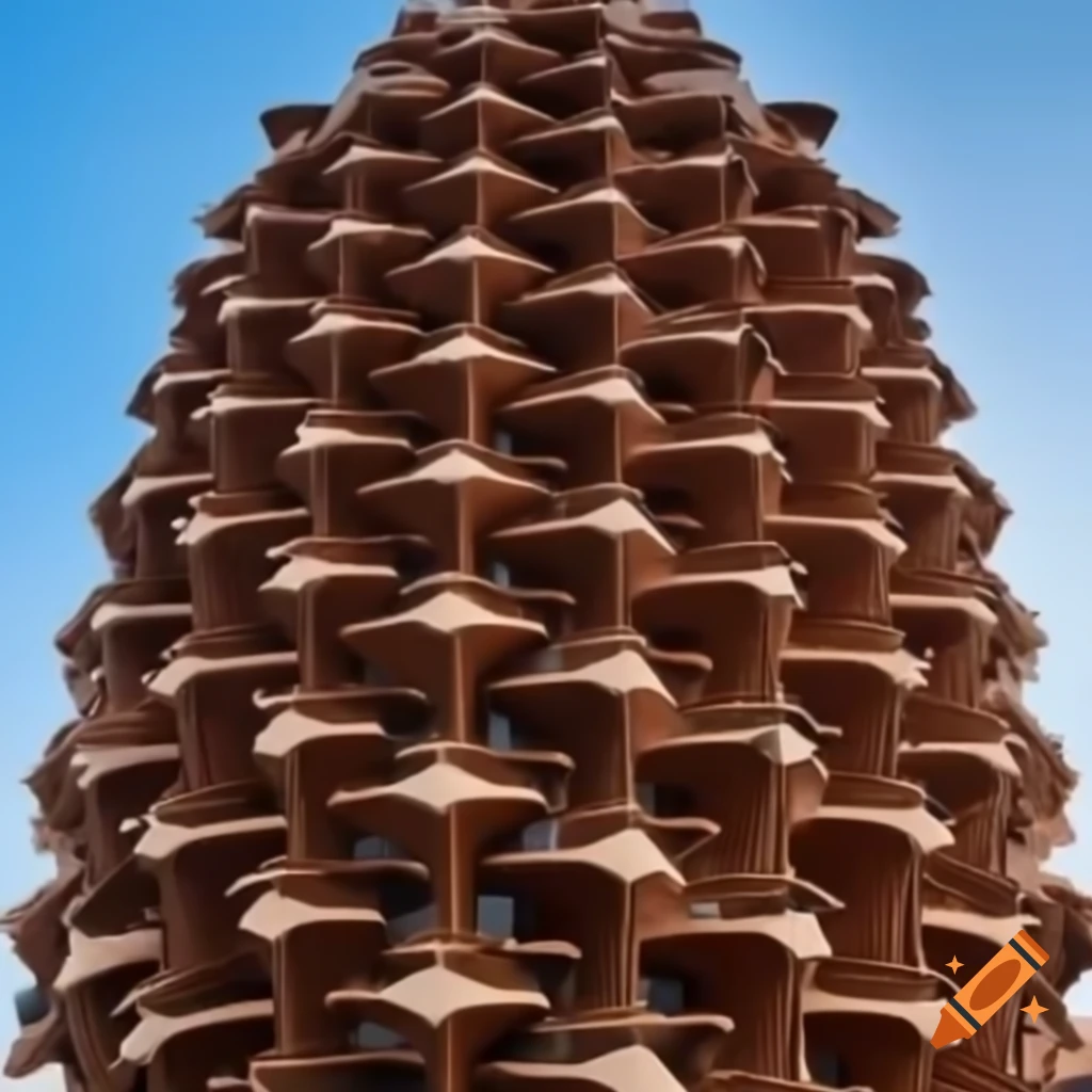 High-rise tower with pinecone-like modular panels responding to humidity