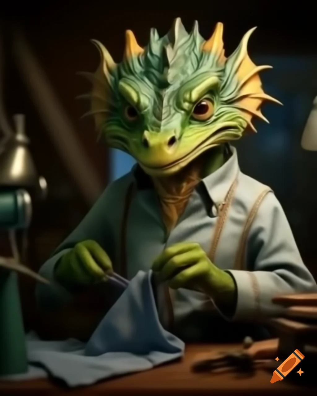 Long-necked dragon sewing a shirt
