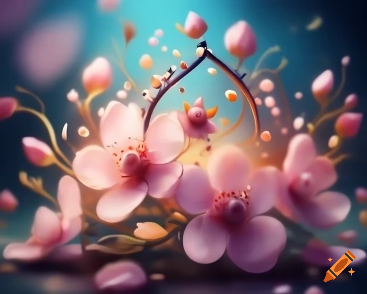 Colorful tiara crafted from cherry blossom flowers in storybook style