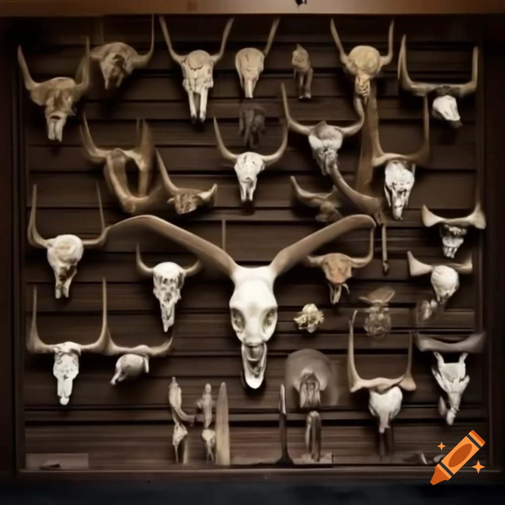 Wooden wall displaying skull mounts of animals, dragons, and demons