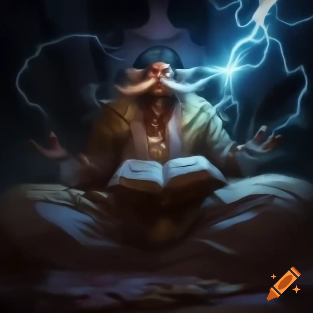 Male scientist named Forty-Too experiencing a realization with lightning, vanishing to bed