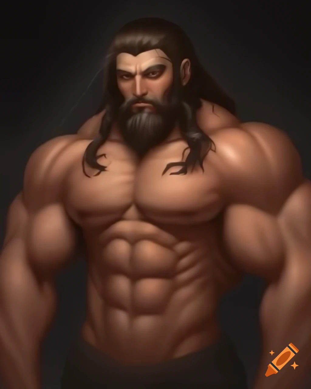Anime character with muscular build, long hair, and emerald eyes